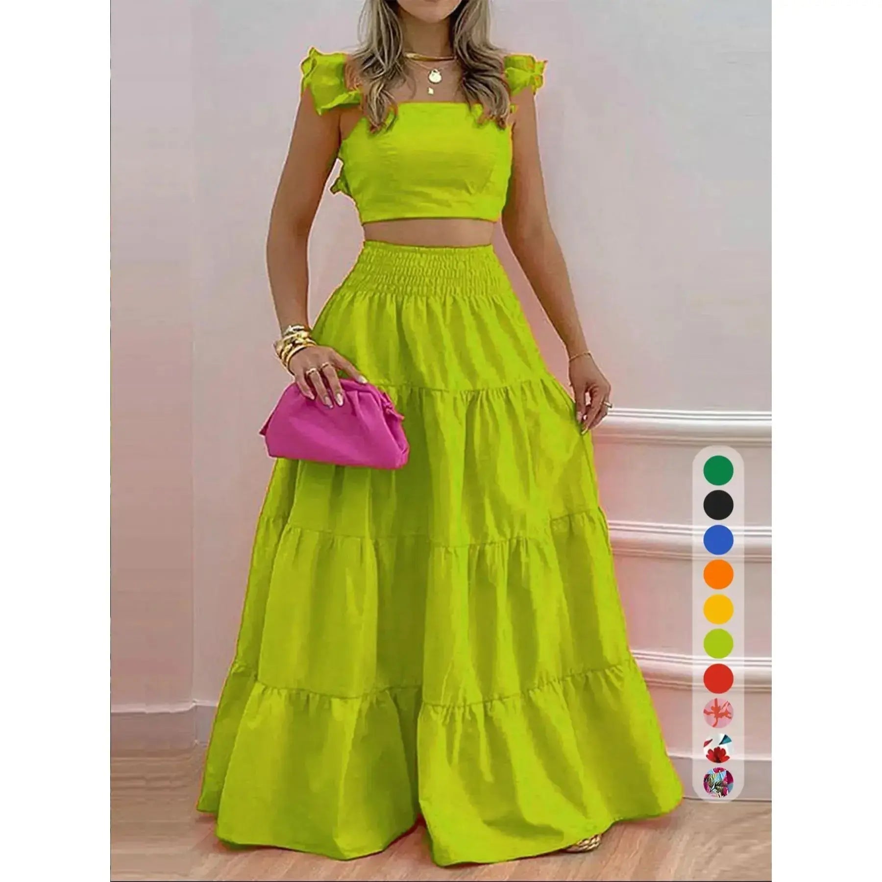 Ensemble deux pièces jupe longue et haut froncé couleur unie / imprimé floral pour femme, tenue décontractée bohème haut et jupe pour les vacances quotidiennes, pour femmes, pour l'été