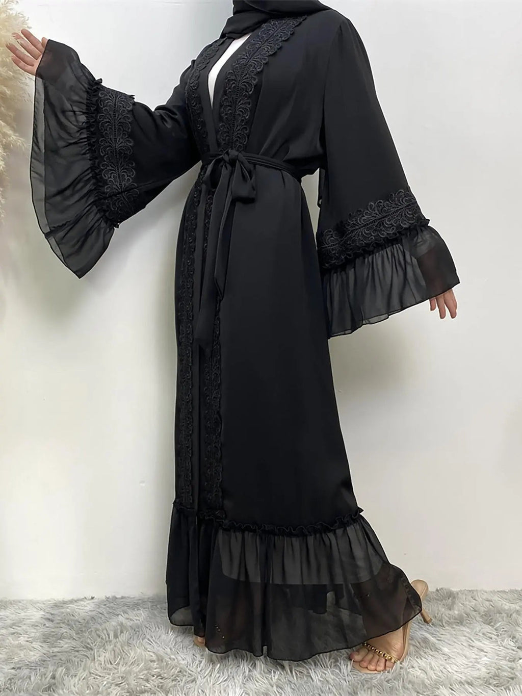 Abbigliamento Arabo - Abaya Cinghiata con Pizzo a Contrasto senza Hijab, Abiti Estivi, Abito a Maniche Lunghe con Volant alla Moda Araba, Abbigliamento Abaya Modesto per Donna, Abaya Islamica