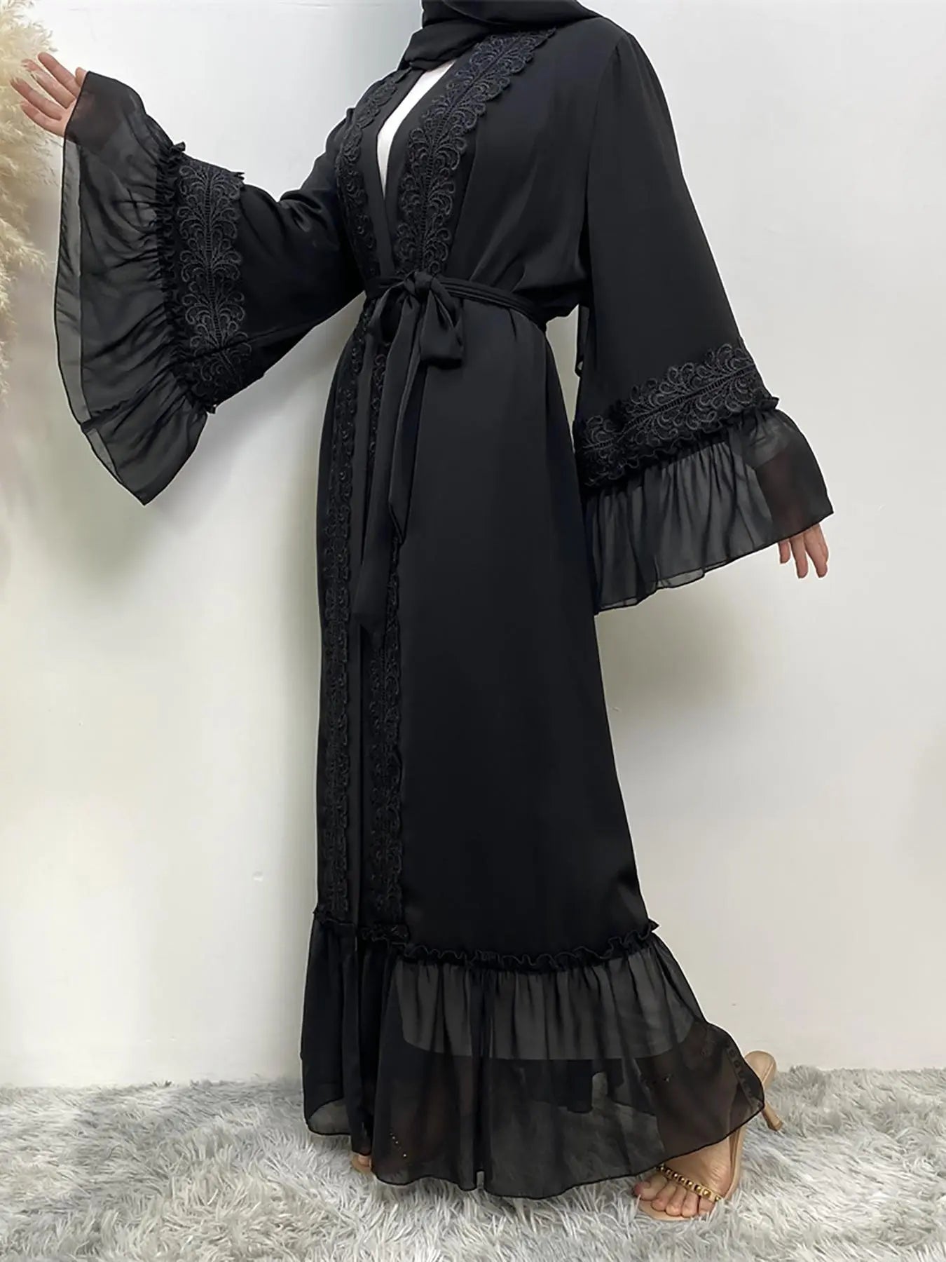 Abbigliamento Arabo - Abaya Cinghiata con Pizzo a Contrasto senza Hijab, Abiti Estivi, Abito a Maniche Lunghe con Volant alla Moda Araba, Abbigliamento Abaya Modesto per Donna, Abaya Islamica