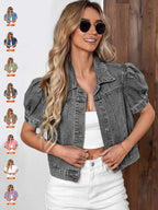 Veste en Jean Courte Lavage Clair, Manches Bouffantes, pour Femme, Manteau Court en Jean Taille Haute Léger et Fin, Coupe Tendance et Décontractée pour l'Été