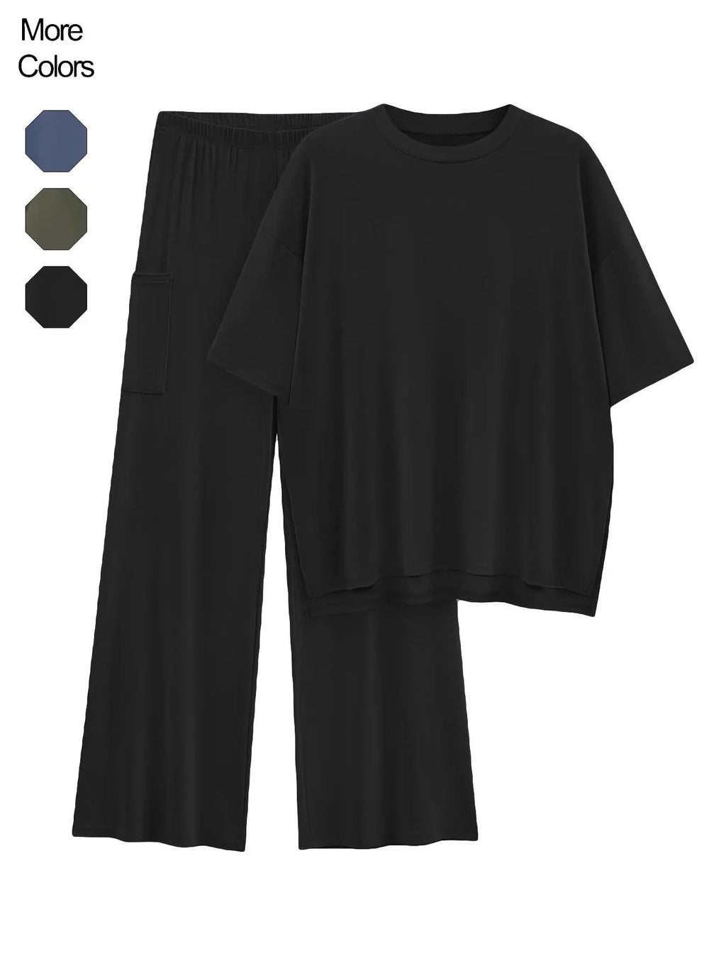 Completo due pezzi da donna tinta unita: t-shirt con spalle scese e pantaloni con elastico in vita