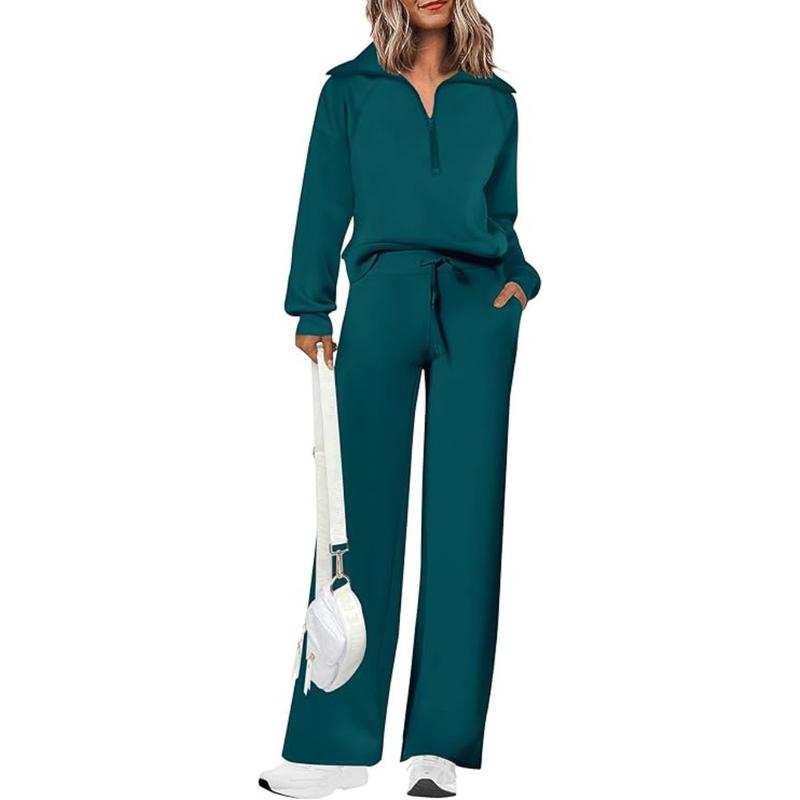 Ensemble de survêtement décontracté 2 pièces pour femme - Sweat-shirt à demi-zip et pantalon large avec cordon de serrage - Haut et pantalon de survêtement assortis pour le confort