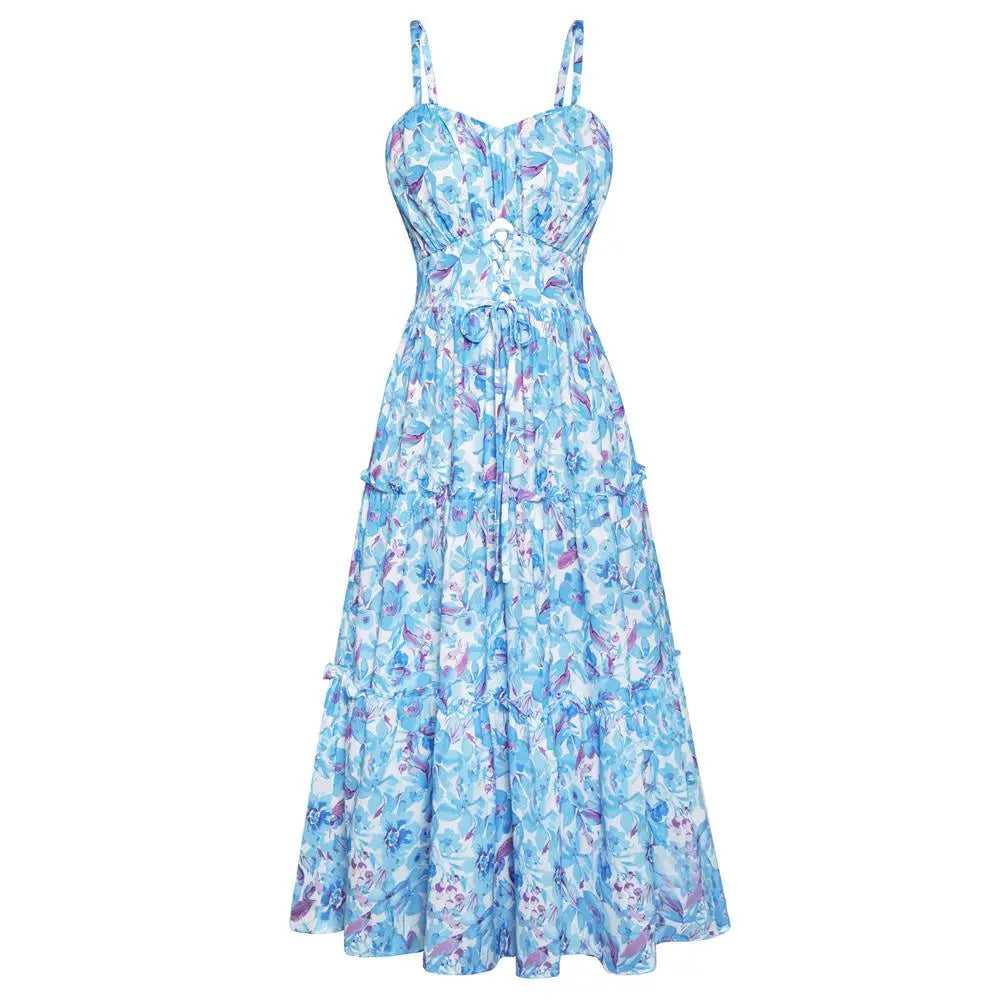 Robe longue bohème décontractée pour femme - Robe d'été à bretelles spaghetti smockée à volants avec poches, grande taille, vêtements bohèmes pour femme