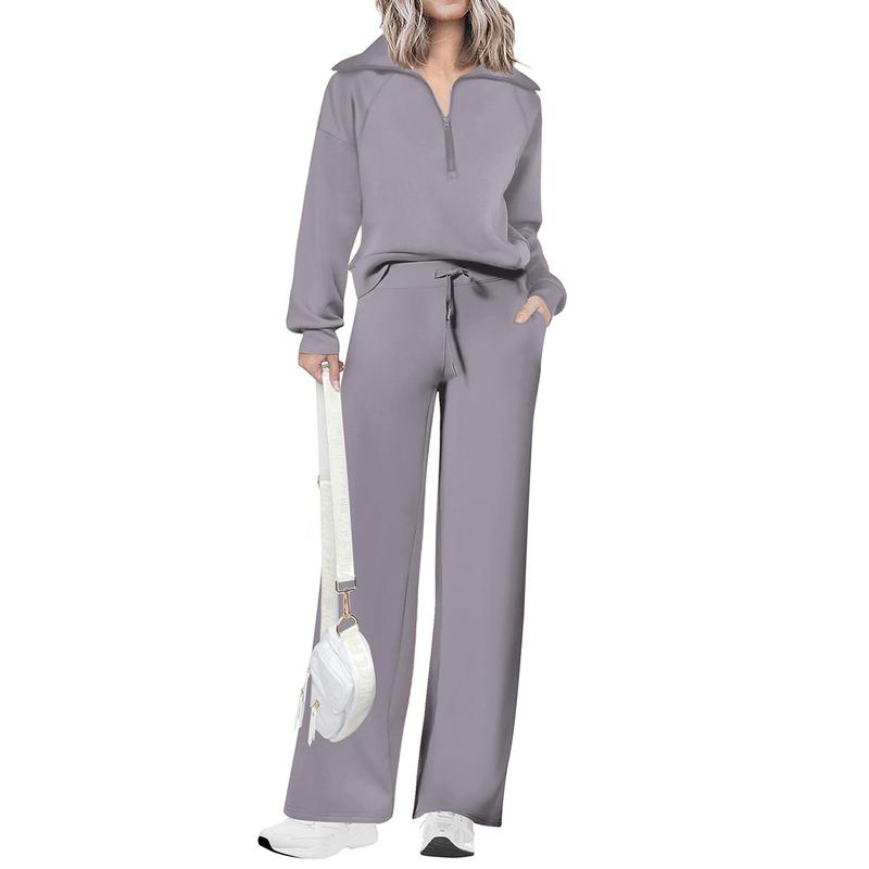 Ensemble de survêtement décontracté 2 pièces pour femme - Sweat-shirt à demi-zip et pantalon large avec cordon de serrage - Haut et pantalon de survêtement assortis pour le confort