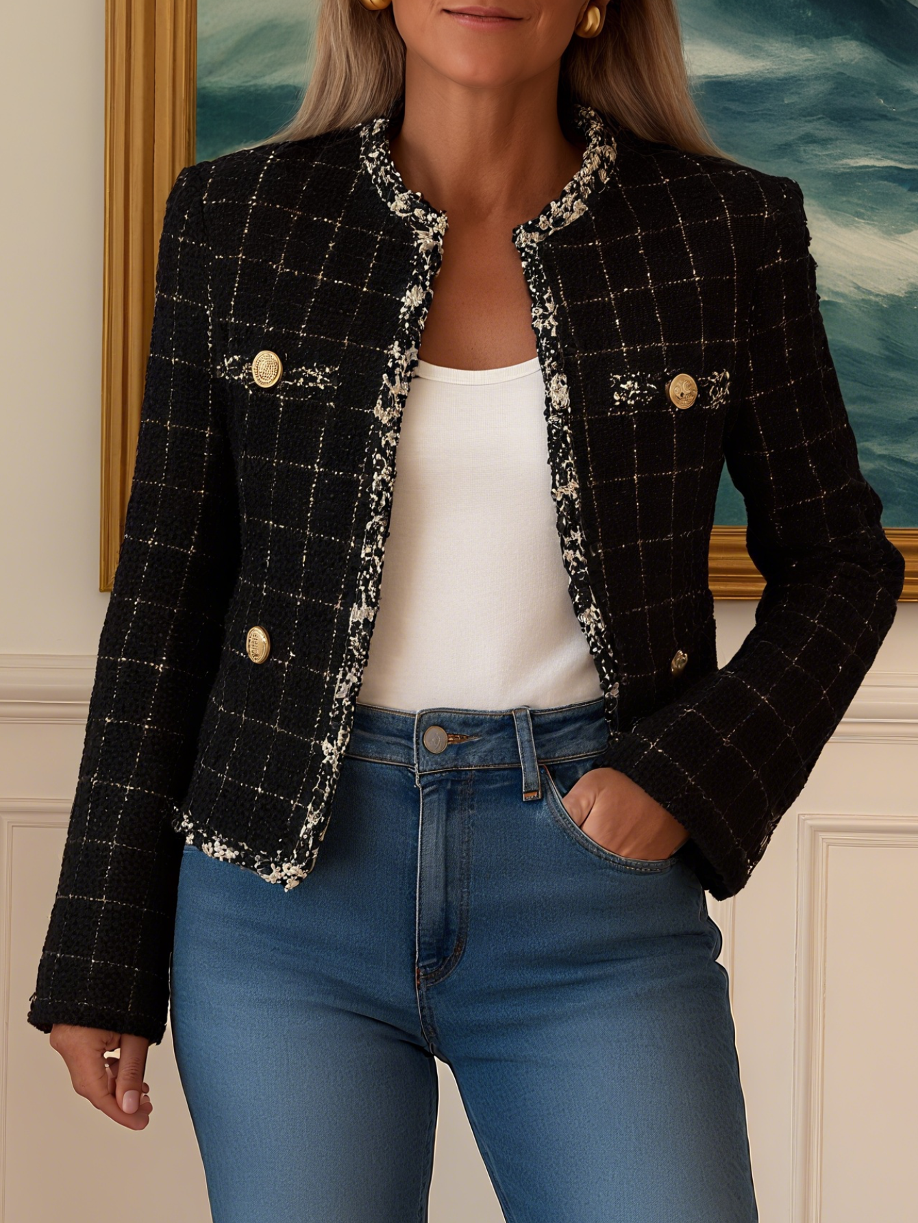 Veste élégante à carreaux à manches longues et col rond pour femme