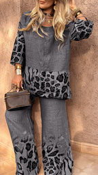 Ensemble décontracté en coton et lin à col rond imprimé léopard pour femme