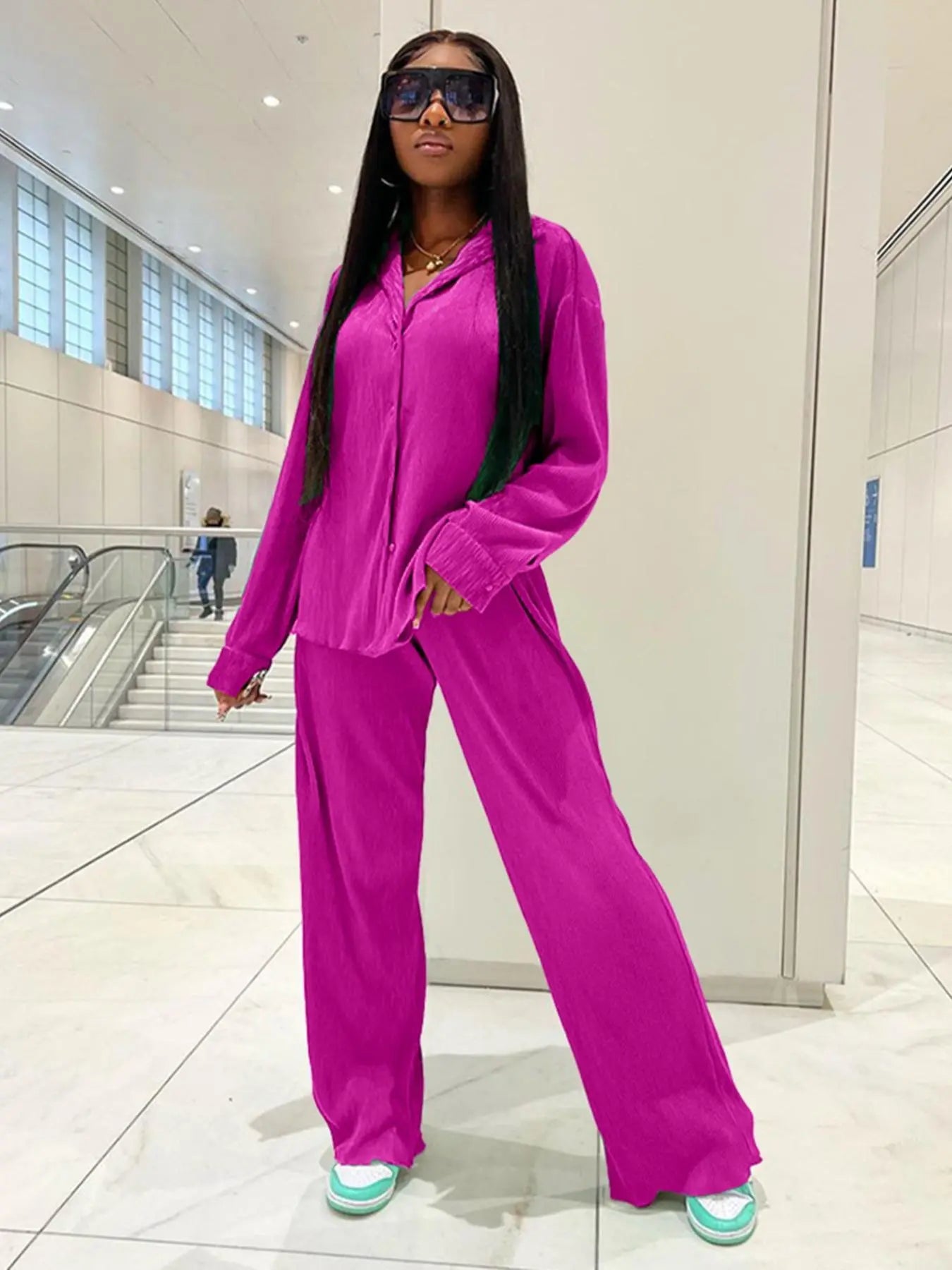 Ensemble deux pièces chemise unie boutonnée et pantalon taille élastique pour femme