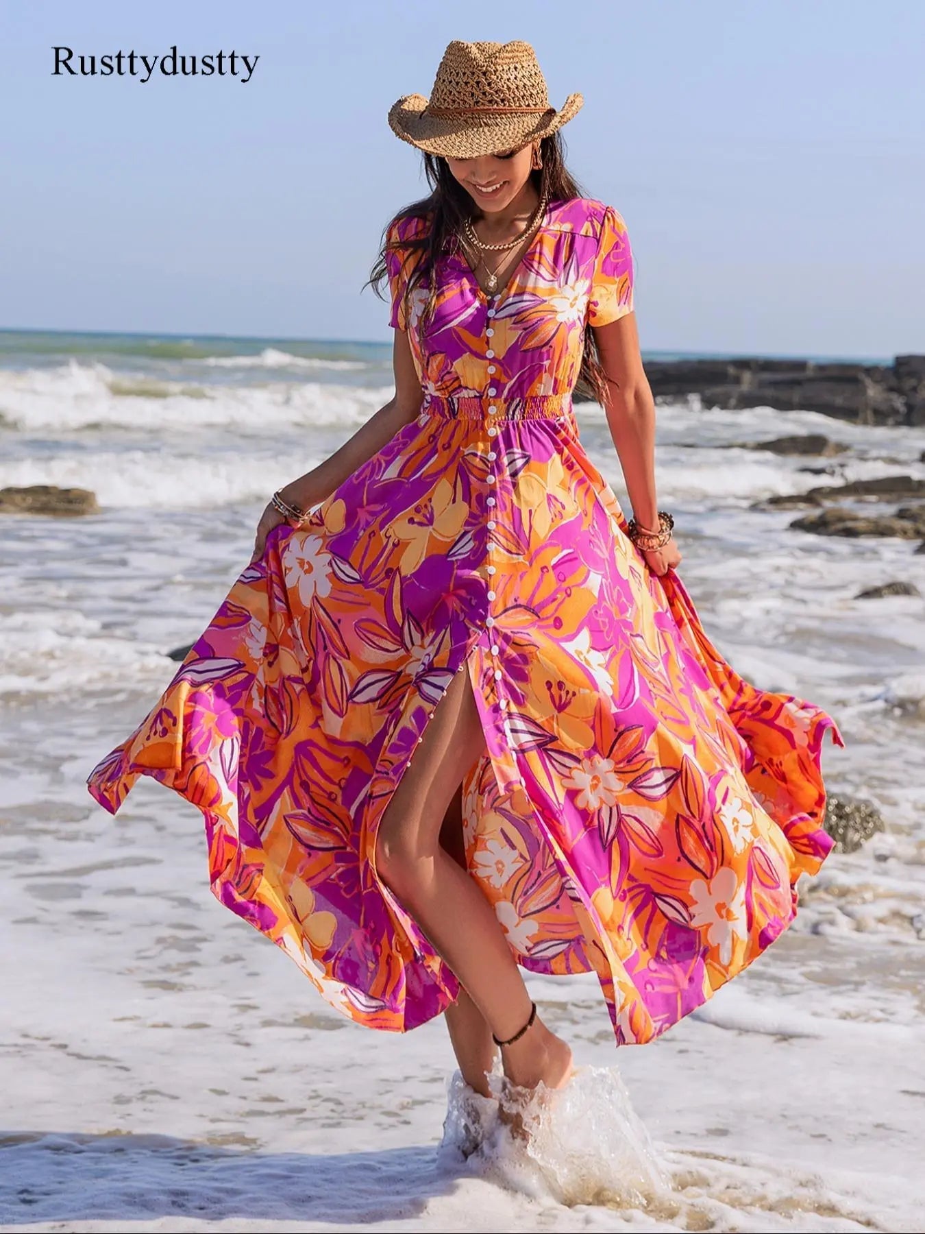 Vestito casual bohémien da donna con stampa floreale e bottoni, vestito da spiaggia estivo da donna con scollo a V, maniche corte, vestito chic e casual.