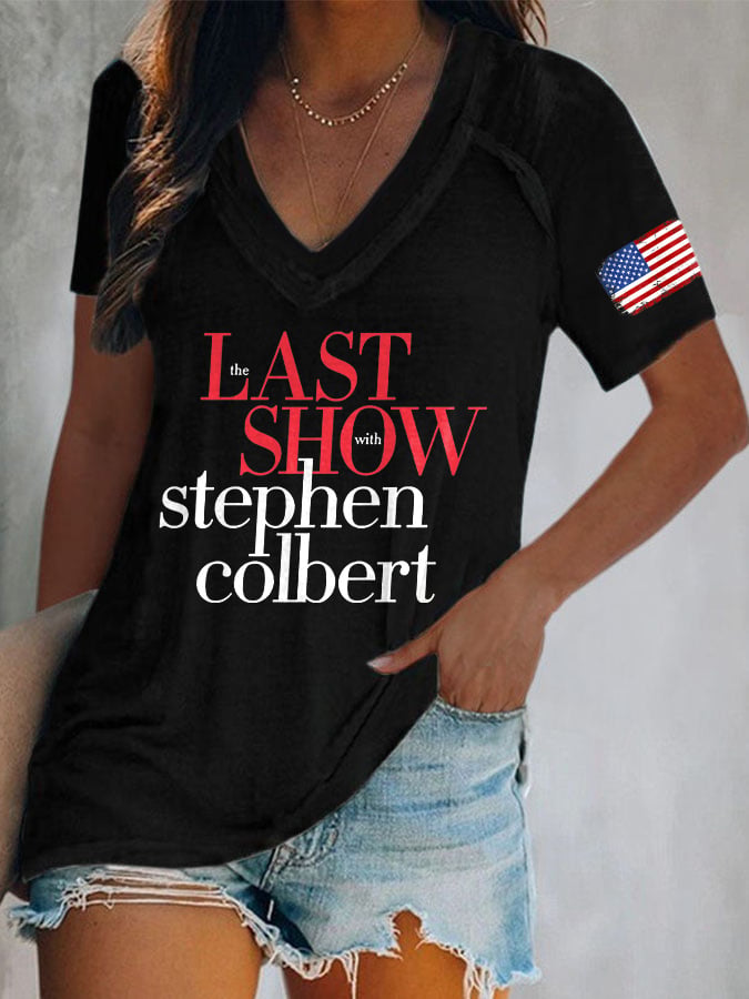 T-Shirt con scollo a V e stampa "Last Show" in stile rétro