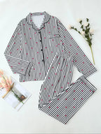 Ensemble deux pièces pour femme, pyjama avec chemise et pantalon imprimé nœuds, décontracté et confortable, haut à manches longues et col à revers avec pantalon, vêtements de nuit pour femme pour le printemps et l'automne