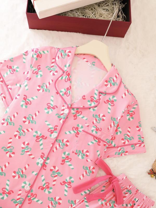 Completo pigiama da donna di 2 pezzi, pantaloncini a maniche corte, con stampa a bastoncino di zucchero natalizio, bottoni, colletto, fiocchi, adatto per un abbigliamento comodo e casual in casa per tutte le stagioni