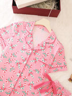 Completo pigiama da donna di 2 pezzi, pantaloncini a maniche corte, con stampa a bastoncino di zucchero natalizio, bottoni, colletto, fiocchi, adatto per un abbigliamento comodo e casual in casa per tutte le stagioni