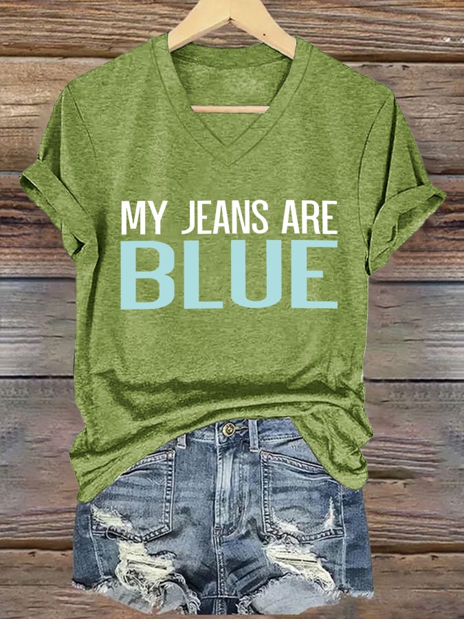 🔥Compra 3 e ottieni il 15% di sconto🔥T-shirt retrò con scollo a V stampa My Jeans Are Blue