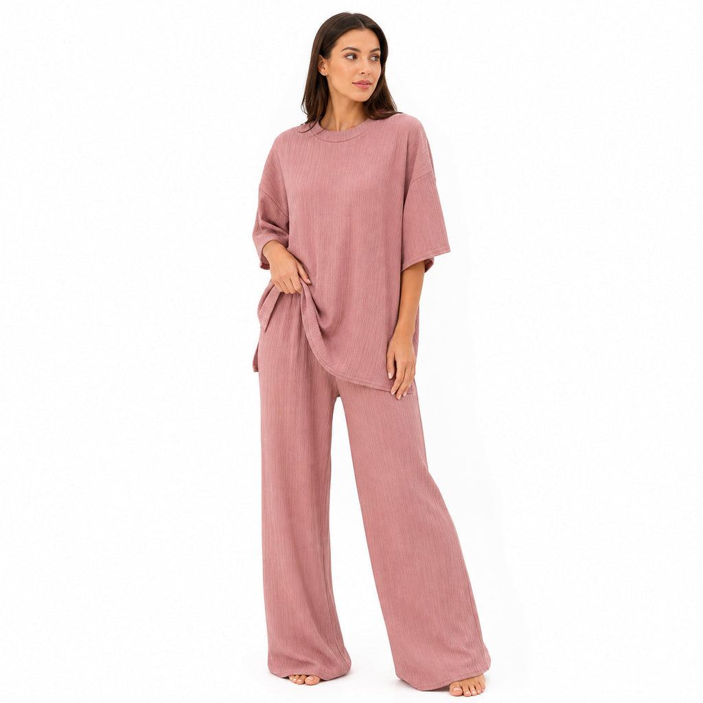 Ensemble Chic Femme Texturé – T-shirt & Pantalon Fluide