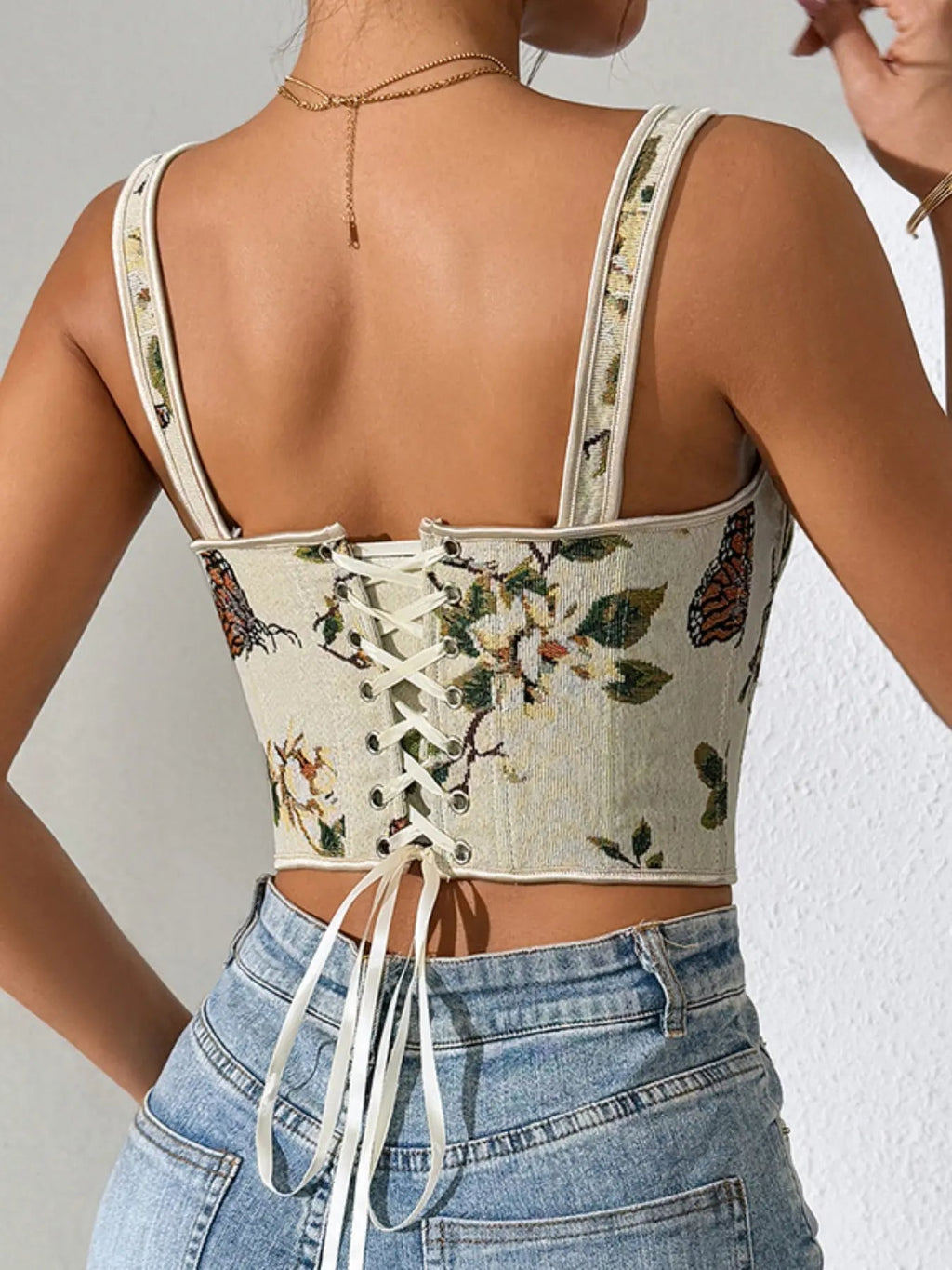 Canotta modellante da donna con stampa floreale, struttura a corsetto allacciato regolabile, canotta modellante alla moda con fiocco decorativo per uso quotidiano, modellatore contenitivo per donna