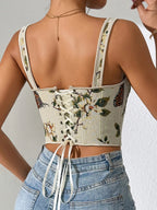 Canotta modellante da donna con stampa floreale, struttura a corsetto allacciato regolabile, canotta modellante alla moda con fiocco decorativo per uso quotidiano, modellatore contenitivo per donna
