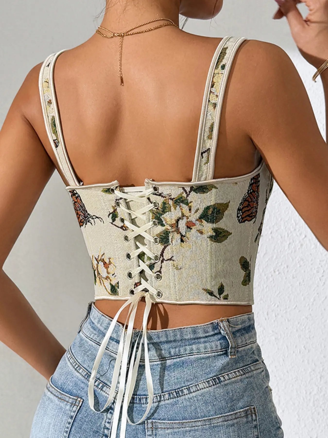 Canotta modellante da donna con stampa floreale, struttura a corsetto allacciato regolabile, canotta modellante alla moda con fiocco decorativo per uso quotidiano, modellatore contenitivo per donna