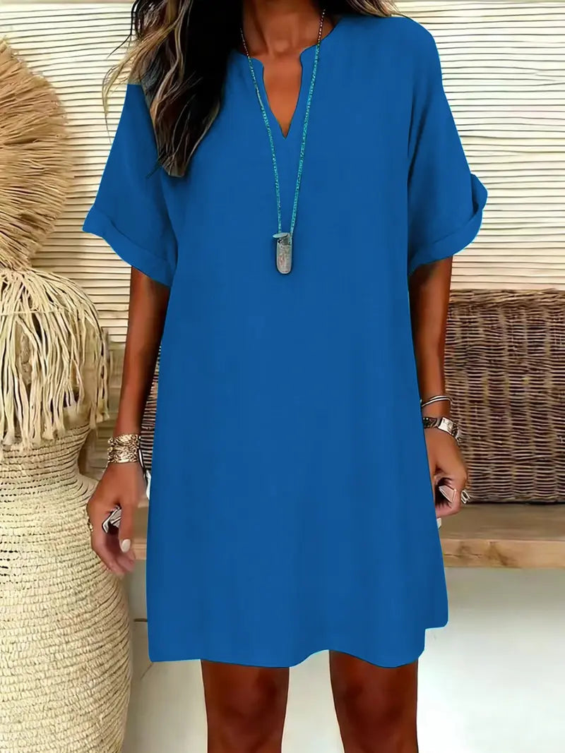 Vestito Midi da Donna a Maniche Corte con Scollo a V, Vestito Casual Chic con Spalle Scivolate e Linea ad A per l'Estate, Vestito Comodo ed Elegante