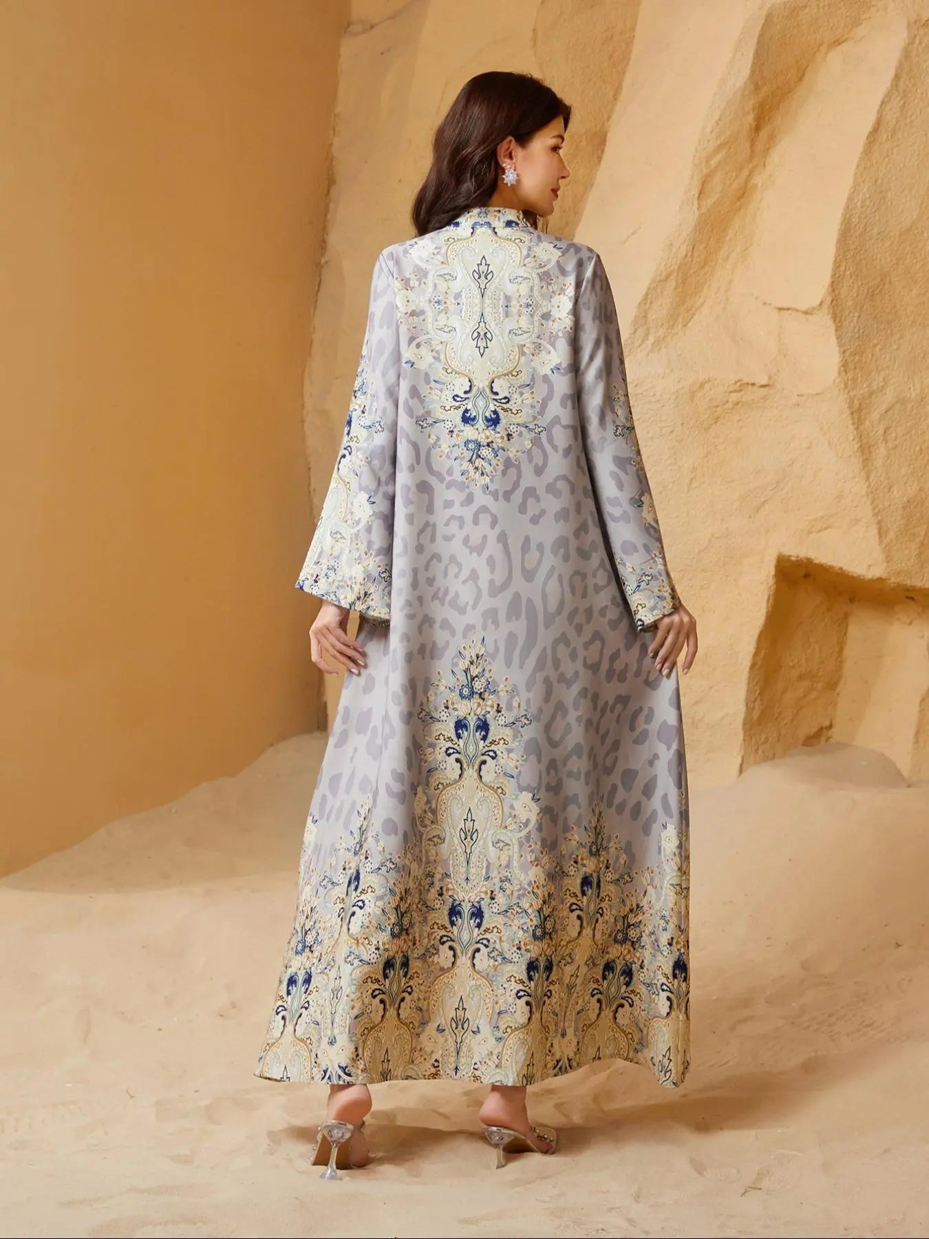 Abito lungo tradizionale da donna con motivo etnico e decorazioni in perle finte, abito lungo boho a maniche lunghe con scollo rotondo per vacanze, cerimonie, matrimoni, abbigliamento musulmano da donna per tutte le stagioni