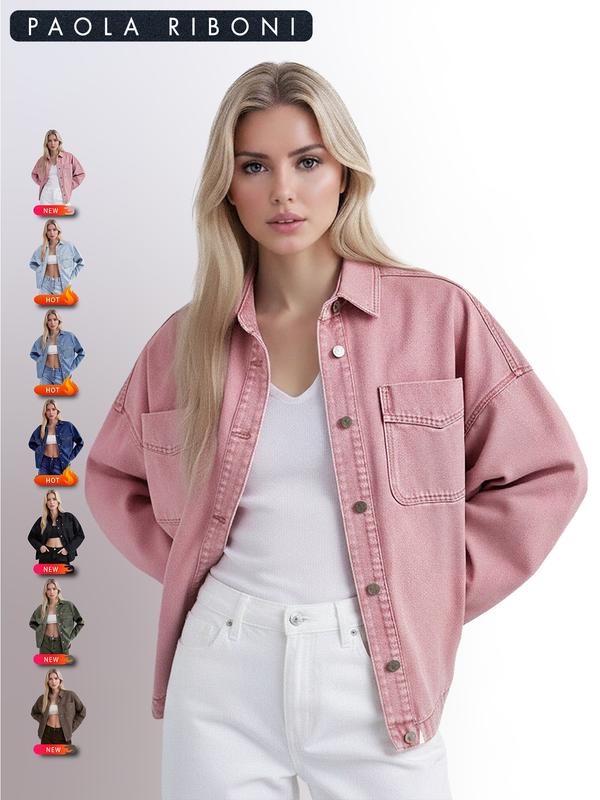 Veste en jean unie pour femme avec boutonnage sur le devant, épaules tombantes et ourlet incurvé, vêtement décontracté à manches longues avec poches et col, idéal pour le quotidien, vêtement pour femme toutes saisons