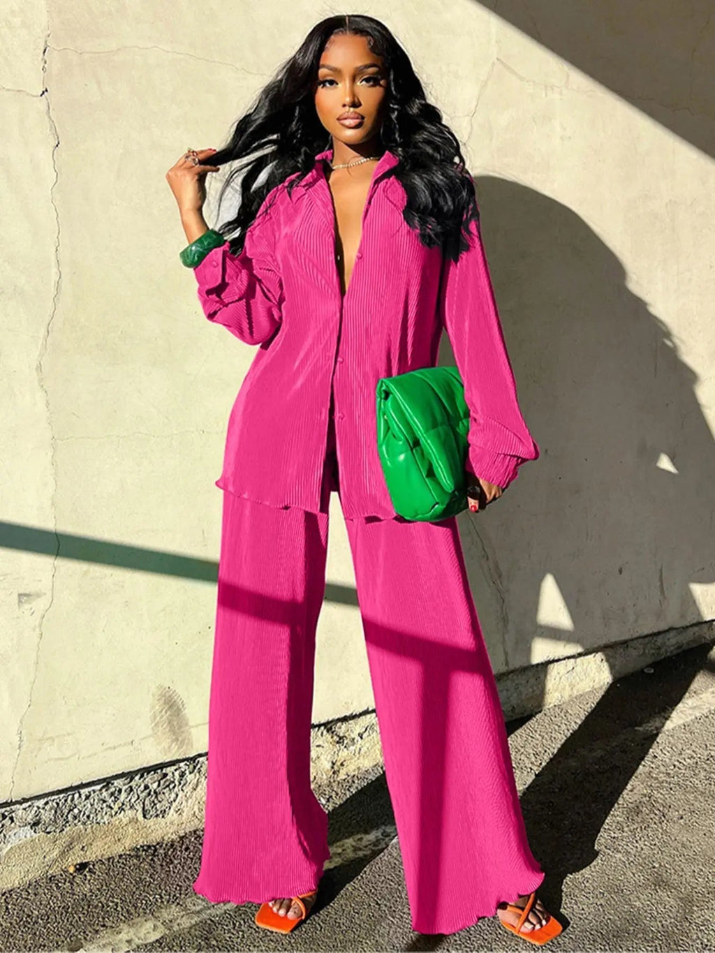 Ensemble deux pièces chemise unie boutonnée et pantalon taille élastique pour femme