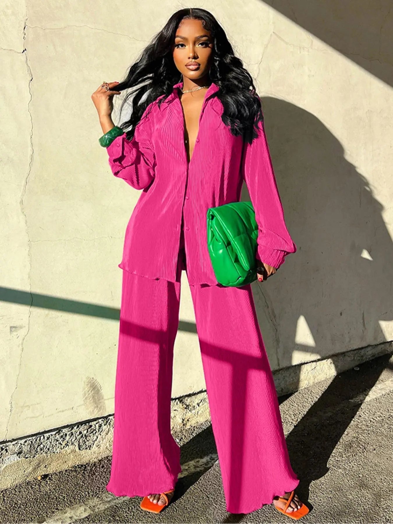 Ensemble deux pièces chemise unie boutonnée et pantalon taille élastique pour femme