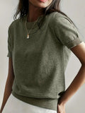 Pull en maille unie à col rond et manches courtes pour femme, tricot basique décontracté pour le printemps et l'automne, vêtements en tricot tendance pour femme pour le quotidien, prêt-à-porter féminin