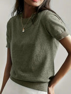 Pull en maille unie à col rond et manches courtes pour femme, tricot basique décontracté pour le printemps et l'automne, vêtements en tricot tendance pour femme pour le quotidien, prêt-à-porter féminin