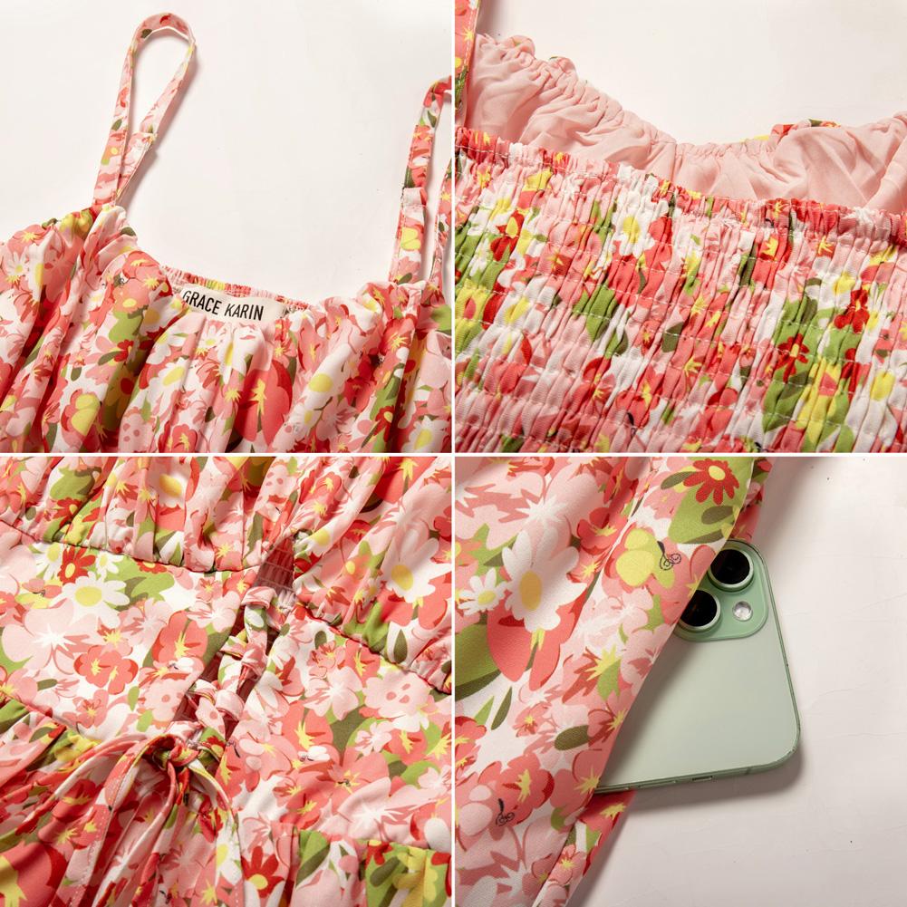 Robe longue bohème décontractée pour femme - Robe d'été à bretelles spaghetti smockée à volants avec poches, grande taille, vêtements bohèmes pour femme