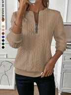 Sweat-shirt uni texturé à demi-glissière pour femme, pull décontracté à manches longues et col rond pour l'automne et l'hiver, vêtements féminins pour le quotidien