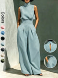 Completo due pezzi da donna con top a collo alto senza maniche e pantaloni lunghi, elegante set a vita alta con pantaloni a palazzo, alla moda per signore