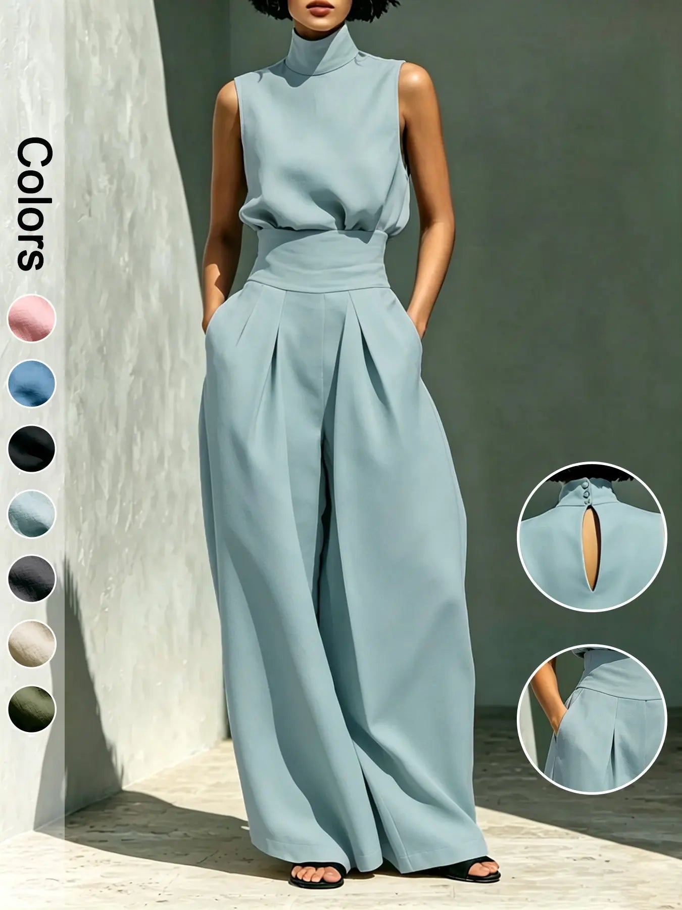 Ensemble deux pièces pour femme, haut sans manches à col montant et pantalon long, ensemble élégant avec pantalon large taille haute, tenue tendance pour femme