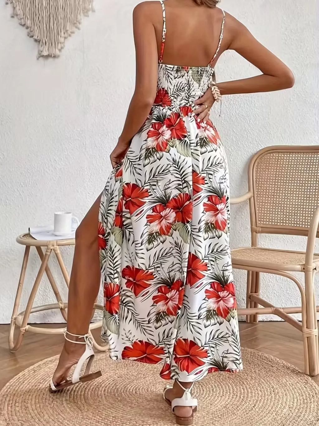 Abito lungo estivo da donna con scollo a V, senza maniche, stampa tropicale bohémien e spacco laterale alto