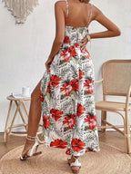 Abito lungo estivo da donna con scollo a V, senza maniche, stampa tropicale bohémien e spacco laterale alto