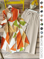 Set Due Pezzi da Donna Stampa All-Over Camicia Bottoni & Pantaloni a Gamba Larga, Top Casual a Maniche Lunghe con Colletto & Pantaloni per Uso Quotidiano, Abbigliamento Donna per Tutte le Stagioni