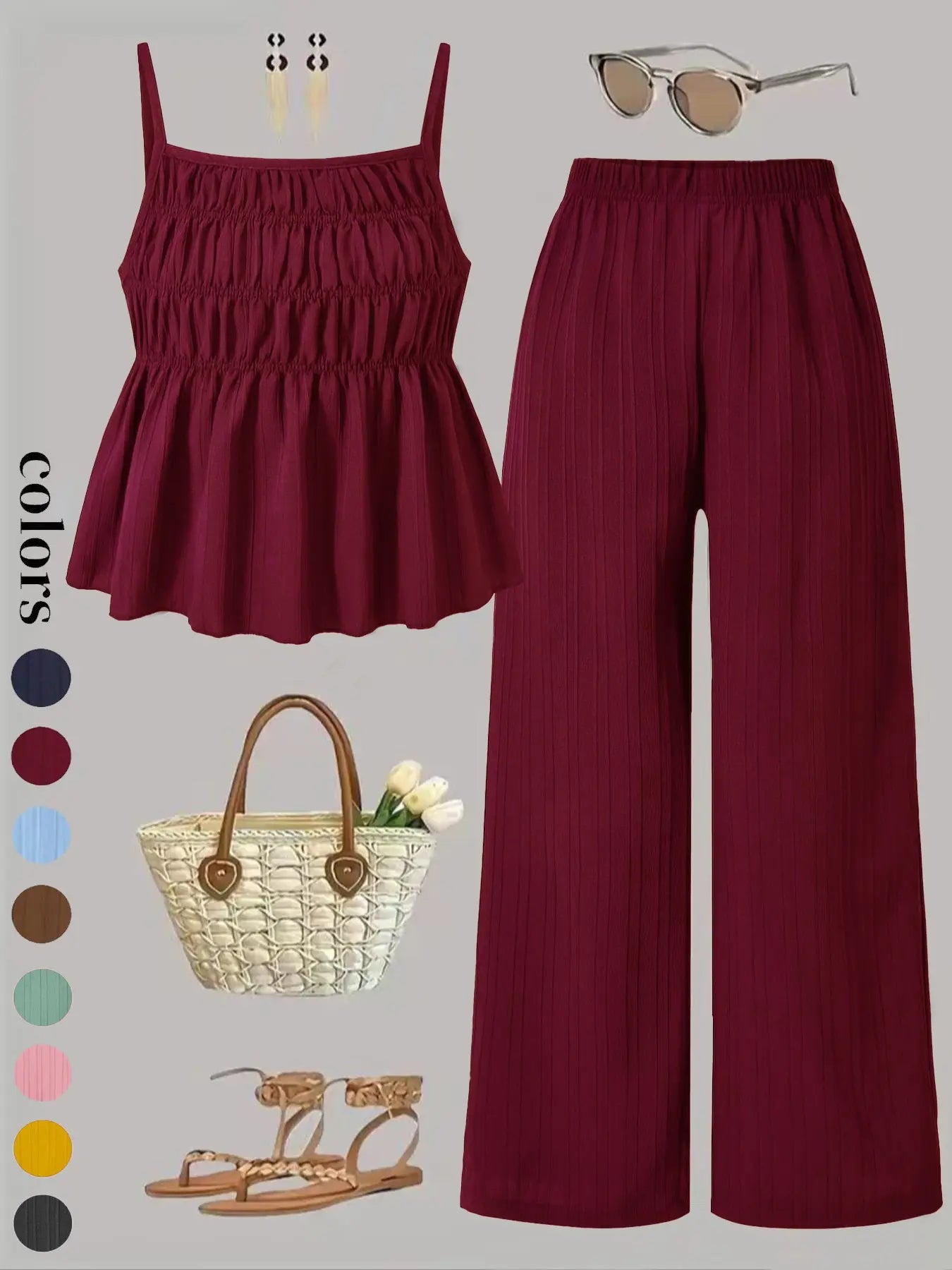 Ensemble deux pièces pour femme, caraco de couleur unie et pantalon large