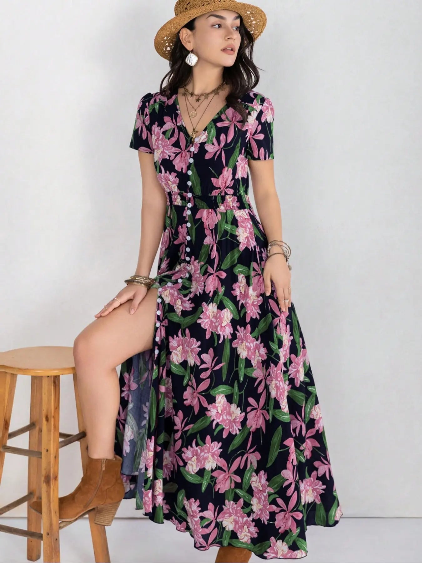 Vestito casual bohémien da donna con stampa floreale e bottoni, vestito da spiaggia estivo da donna con scollo a V, maniche corte, vestito chic e casual.