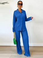 Ensemble deux pièces chemise unie boutonnée et pantalon taille élastique pour femme