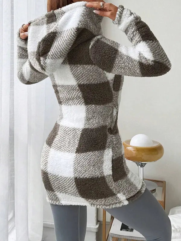 Sweat à capuche zippé en plaid et bordure duveteuse pour femme, décontracté automne/hiver