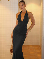 Vestito Bodycon da donna a tinta unita con scollo all'americana e schiena scoperta