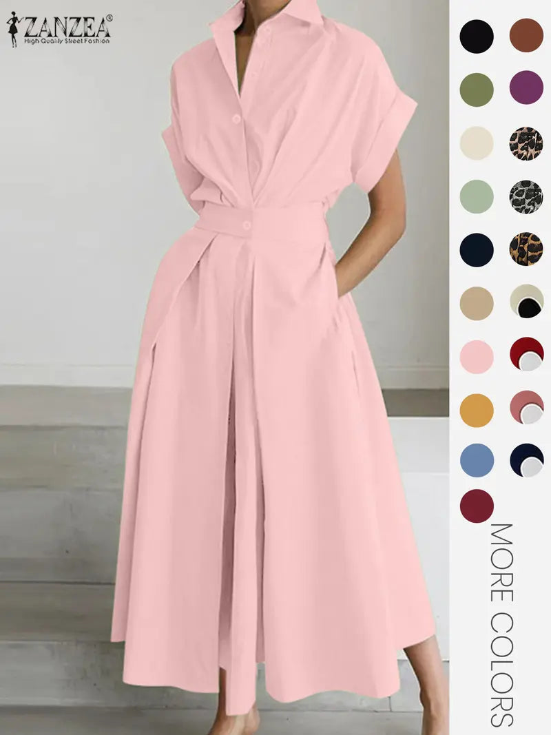 Robe unie à col pour femme, robe décontractée à manches courtes pour l'été, vêtements pour femmes pour le quotidien