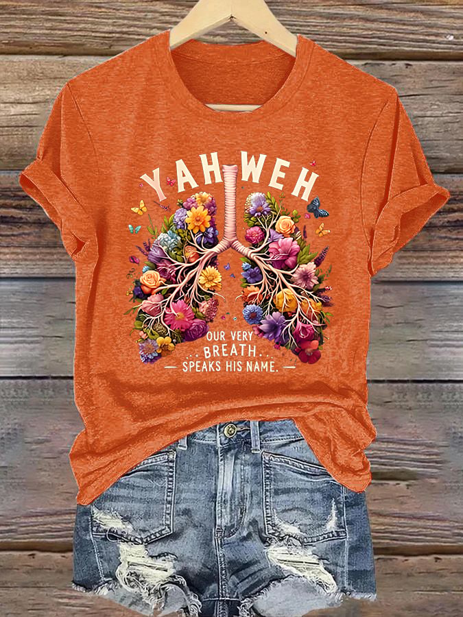 Women'S Casual Short-Sleeve T-Shirt With Lung Cancer Awareness Print "Every Breath Is Connected To Faith"