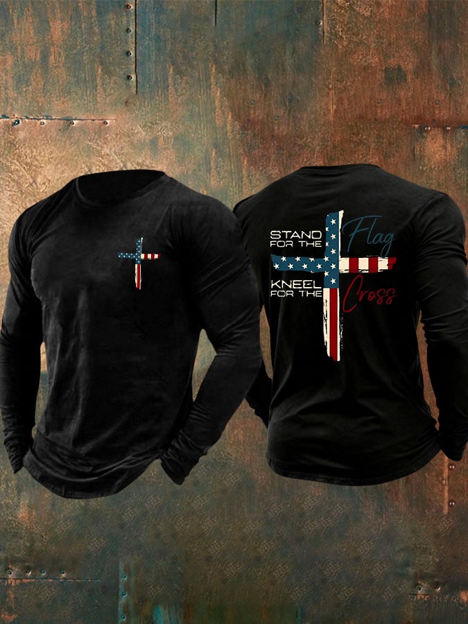 T-shirt casual stampata da uomo "Stand For The Flag Kneel For The Cross"