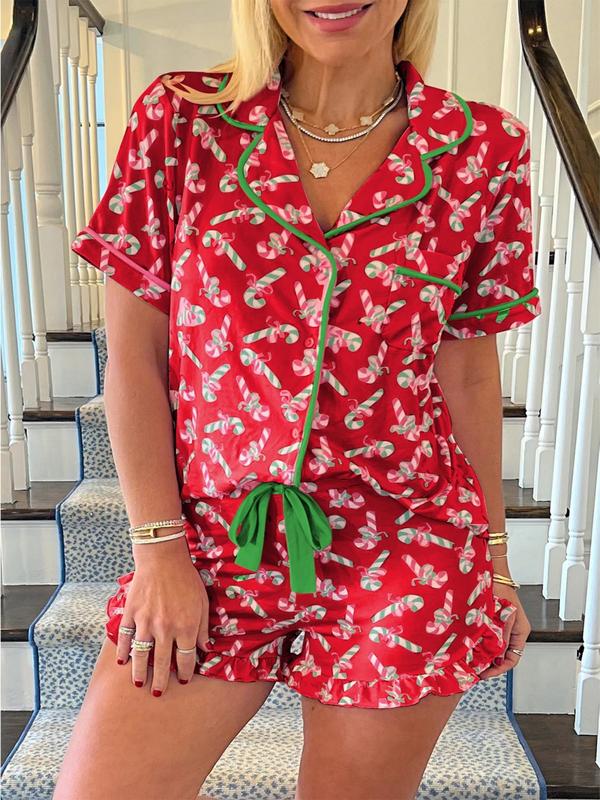 Ensemble pyjama court à manches courtes avec 2 pièces de cannes de Noël imprimées pour femmes, avec boutons, cols et nœuds, adapté pour un port confortable et décontracté à la maison en toutes saisons