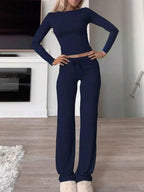 Completo da Casa da Donna Tinta Unita con Arricciature e Coulisse, Top Casual a Maniche Lunghe con Scollo Rotondo e Pantaloni a Gamba Larga con Tasche, Pigiama da Donna per Tutte le Stagioni