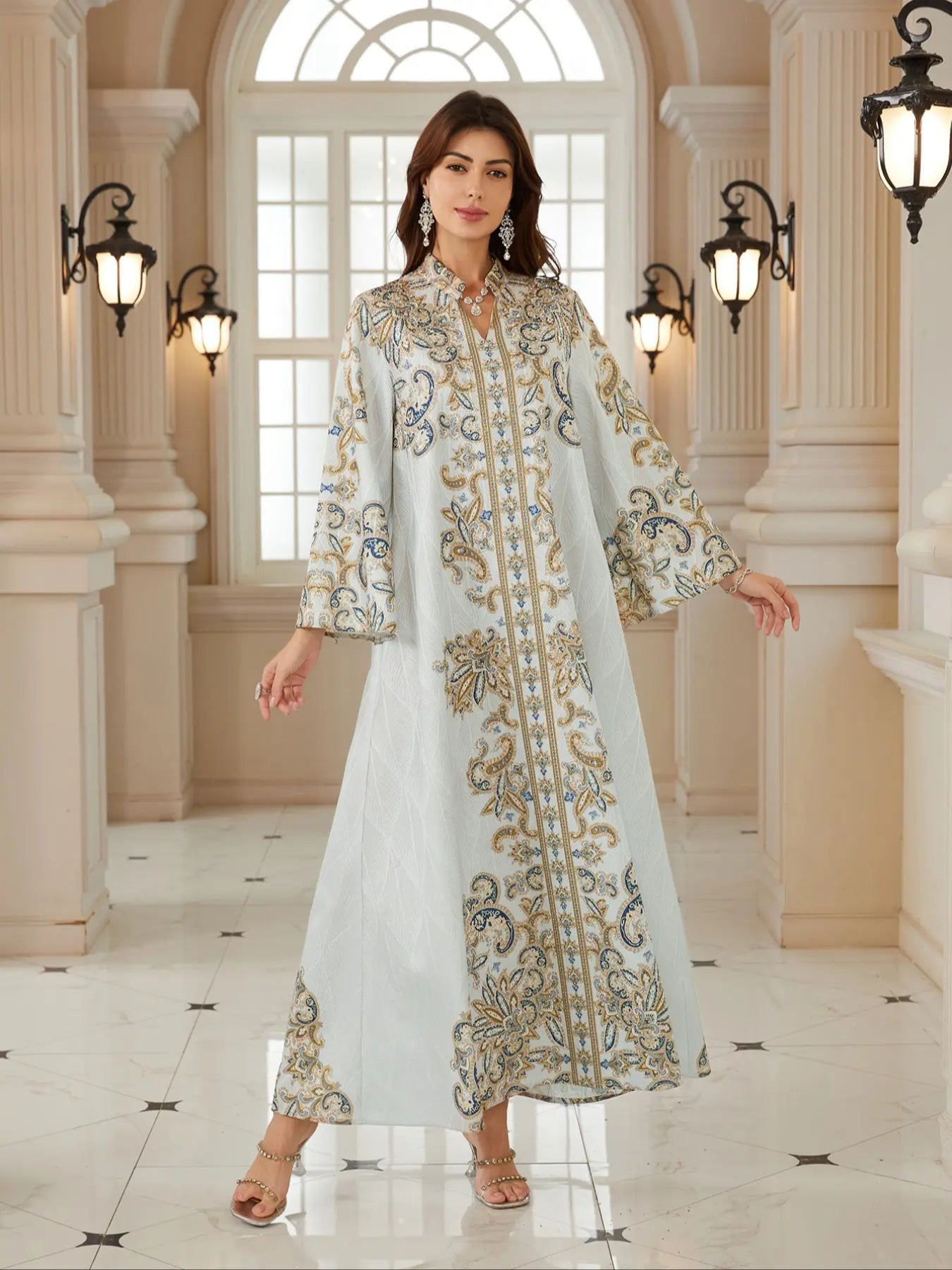 Abito da donna mediorientale con stampa di nuovi tessuti decorati, abito da sera lungo arabo con perline intere, jellabiya, abaya per l'Eid
