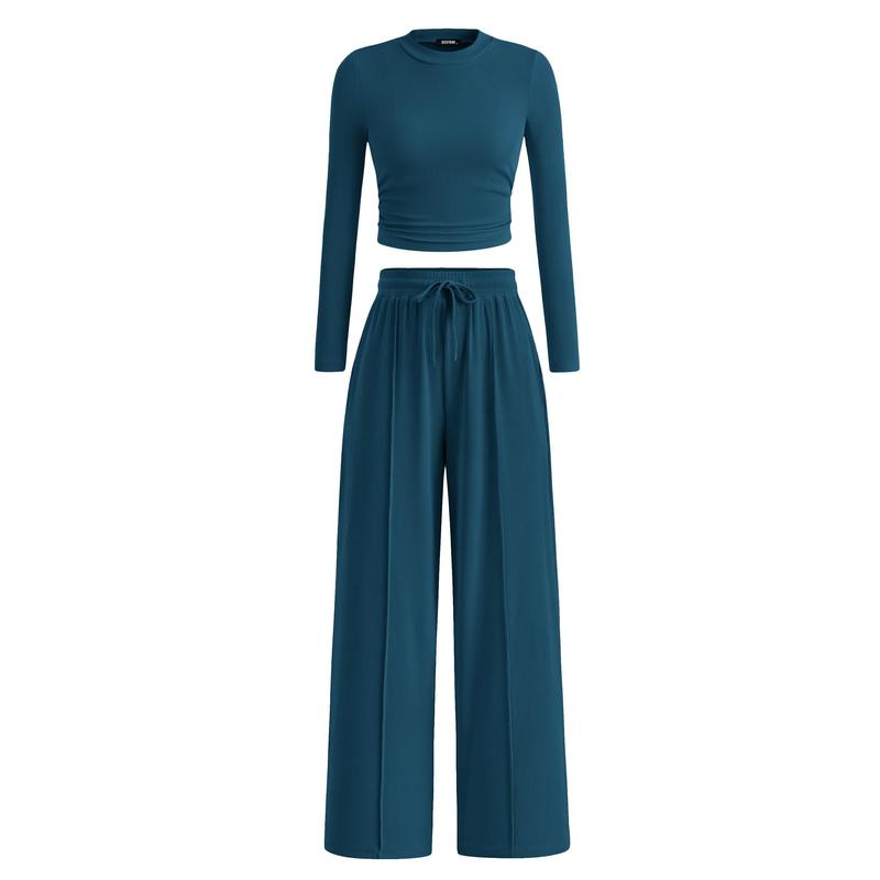 Ensemble de salon assorti 2 pièces en tricot côtelé : haut court à manches longues et pantalon large