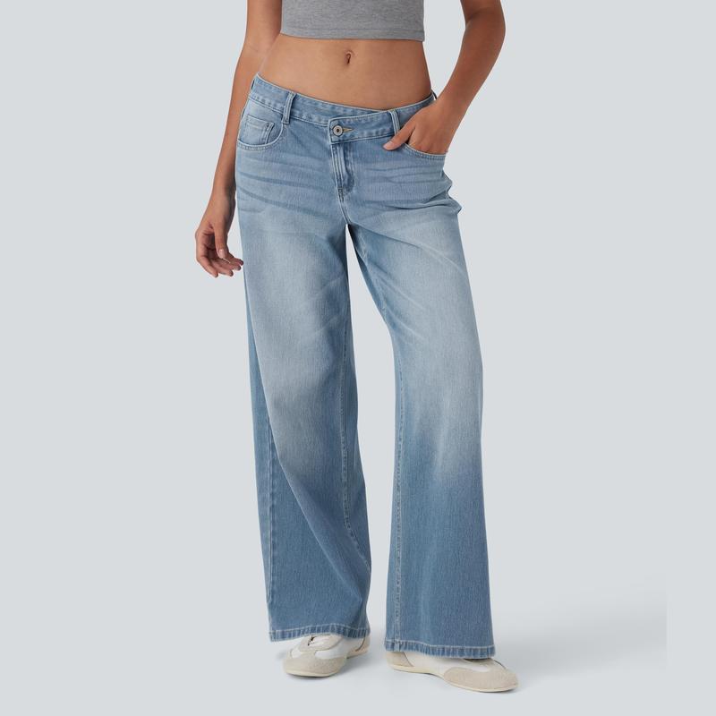 Jeans casual asimmetrici a vita bassa con tasche con cerniera, taglio ampio e slavato