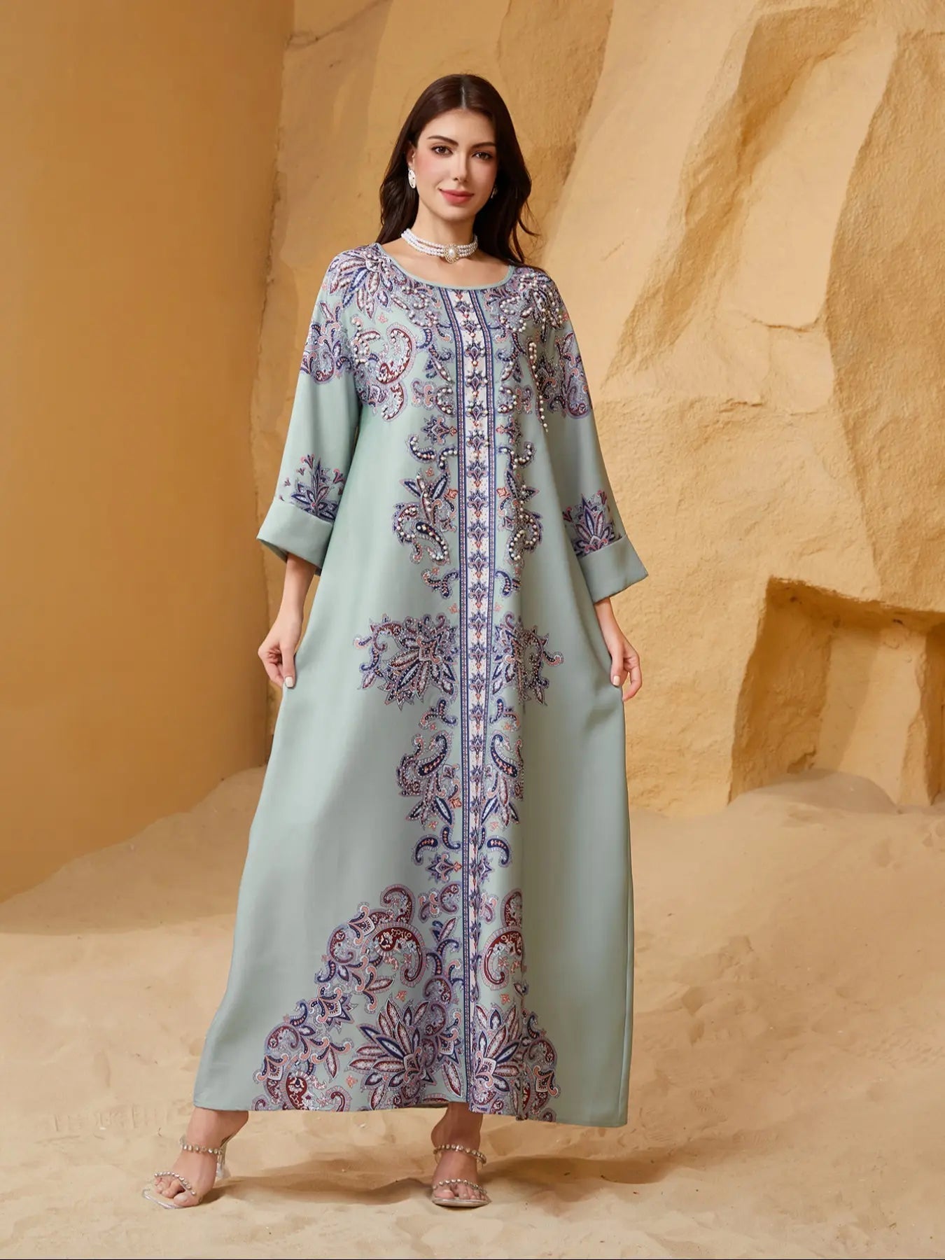 Elegante Abito Lungo Bohemien da Donna Musulmana, Stampa All-over, Vestibilità Ampia, Girocollo, Maniche a Volant, Manica Lunga, Tutte le Stagioni