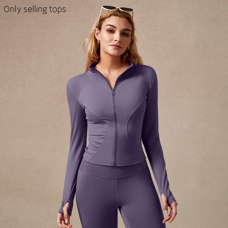 Giacca sportiva da donna con zip intera, maniche lunghe, vestibilità aderente, tessuto elasticizzato ad asciugatura rapida con fori per i pollici per corsa, yoga, palestra, allenamento, abbigliamento sportivo